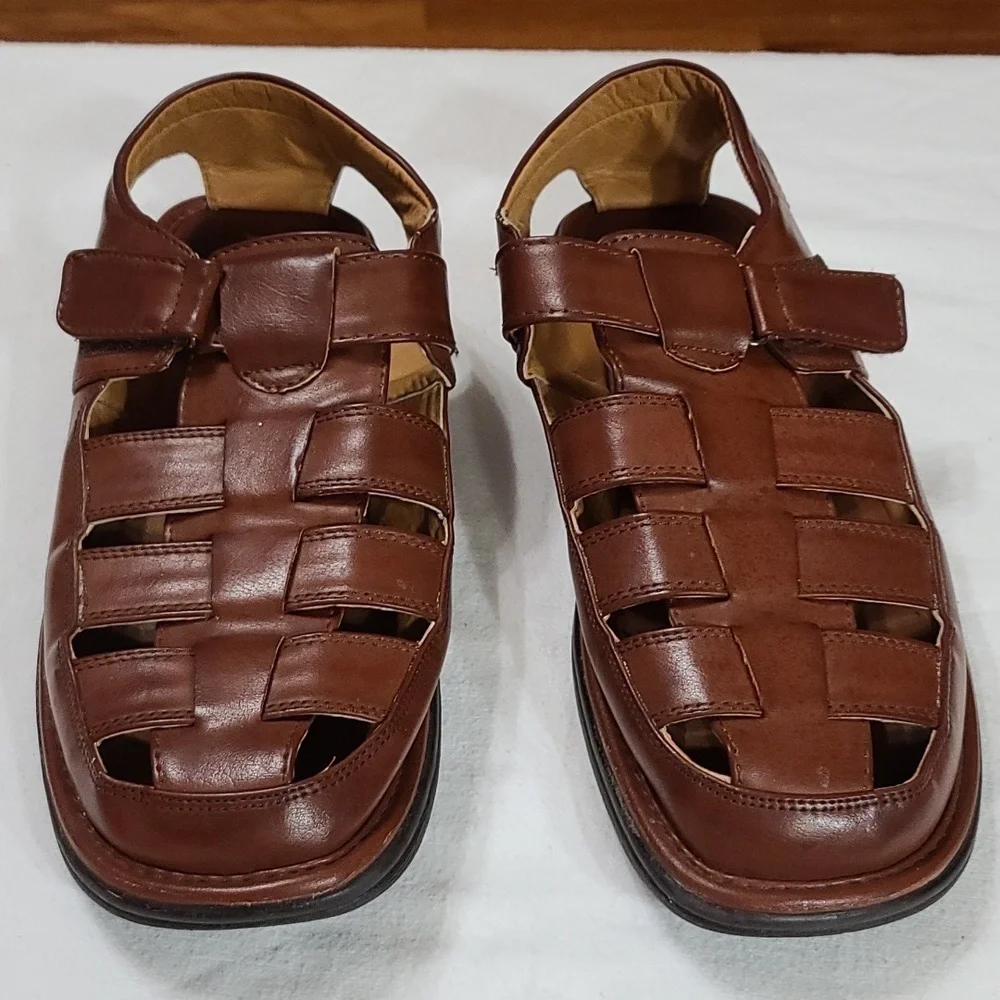Faranzi Mens‎ Faux Leather Fisherman Sandals Brown Hook&Loop Sz 11 EUC